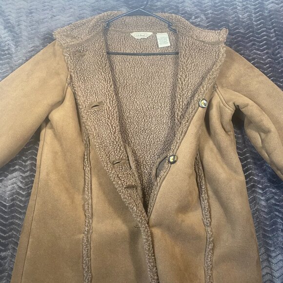 L.L. Bean Faux Fur lined Suede Winter Jacket Brown Womens size medium Petite - Picture 9 of 11